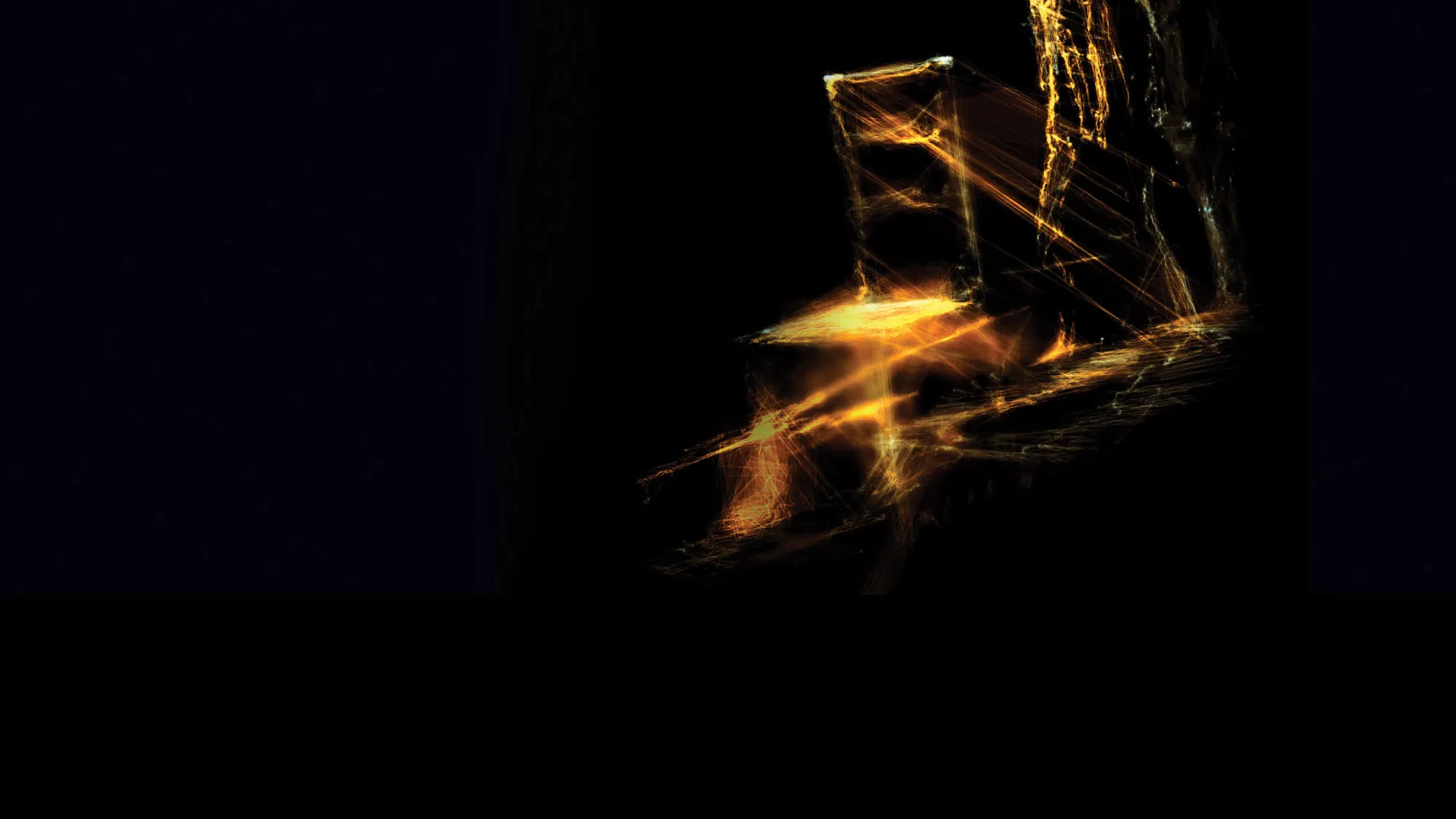 A computer drawn image of streaks and scratches of orange light on a black background.